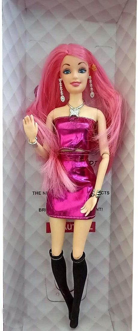 Doll Set with Foldable Hands, Elbow, Knee and Legs for Girls -Pink Dress & Hairs-image-2