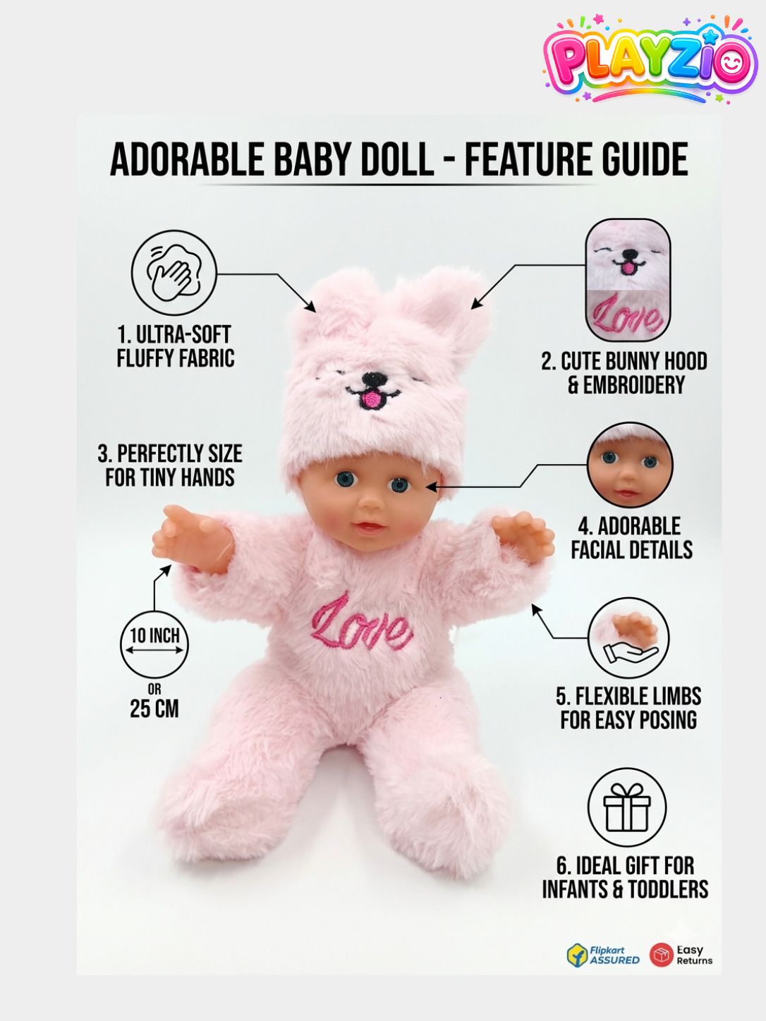 Pink Bunny Hood Baby Doll Soft Plush Doll for Girls | Cute Gift Toy-image-10