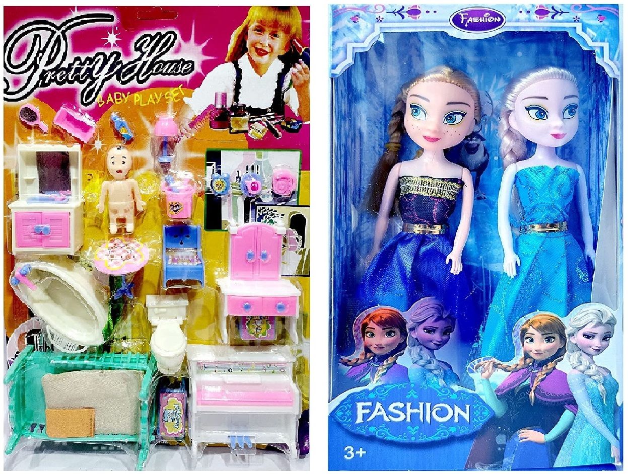 Pretty Home Baby Play Set Dollhouse Playset Portable Sets with Two Sister Dolls