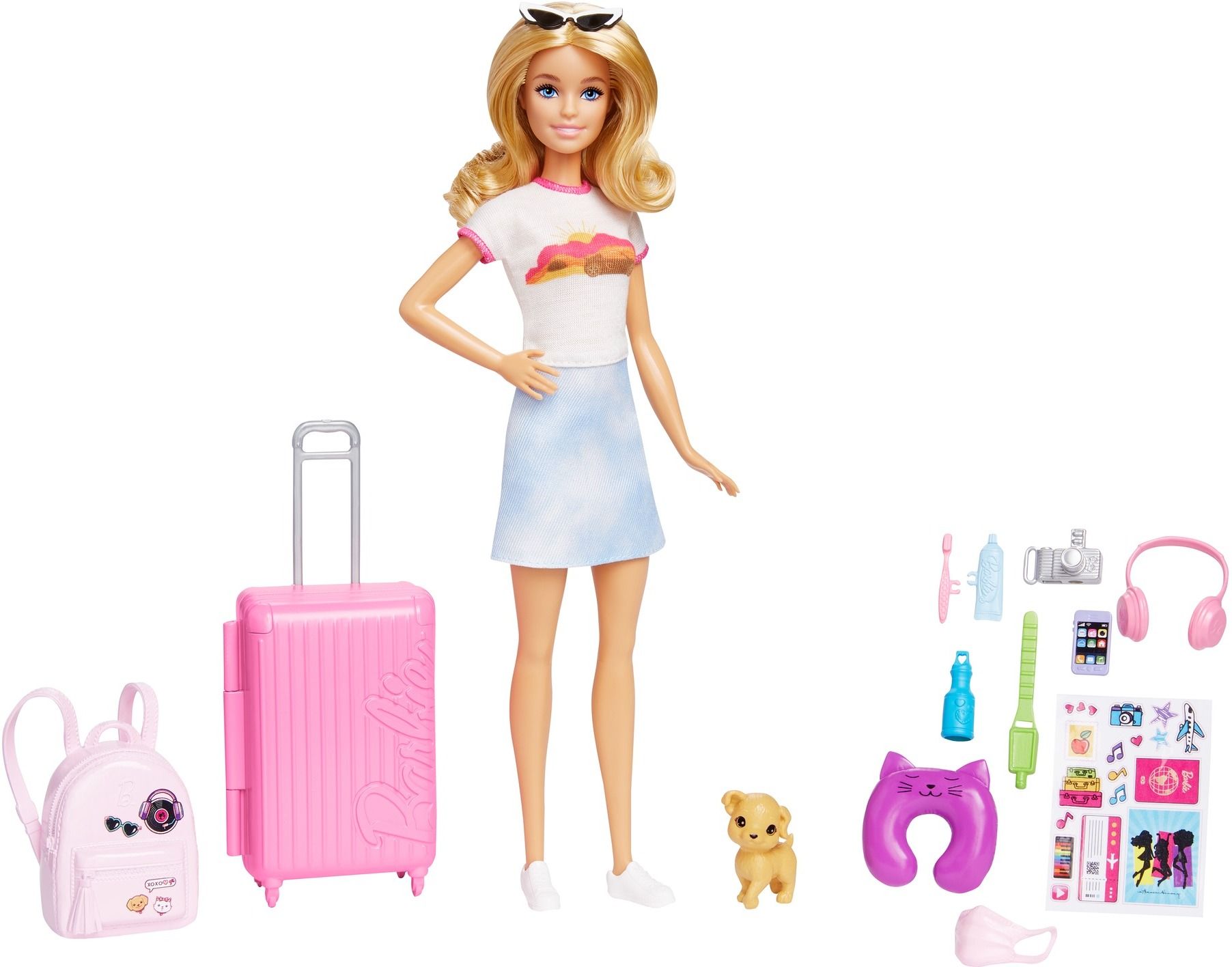 Doll and Accessories, Malibu Travel Set with Puppy and 10+ Pieces