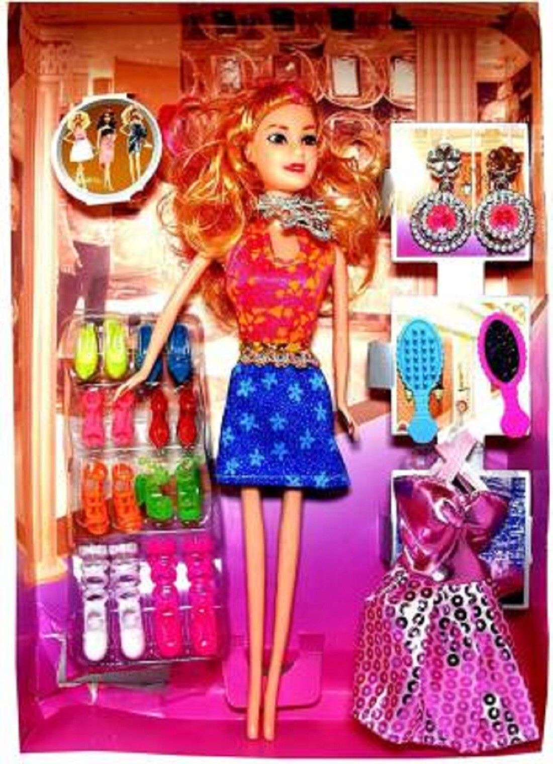 fashion doll with long blonde hair with shoes, comb , dress and accessories for 3 to 8 year old kids (Multicolor)