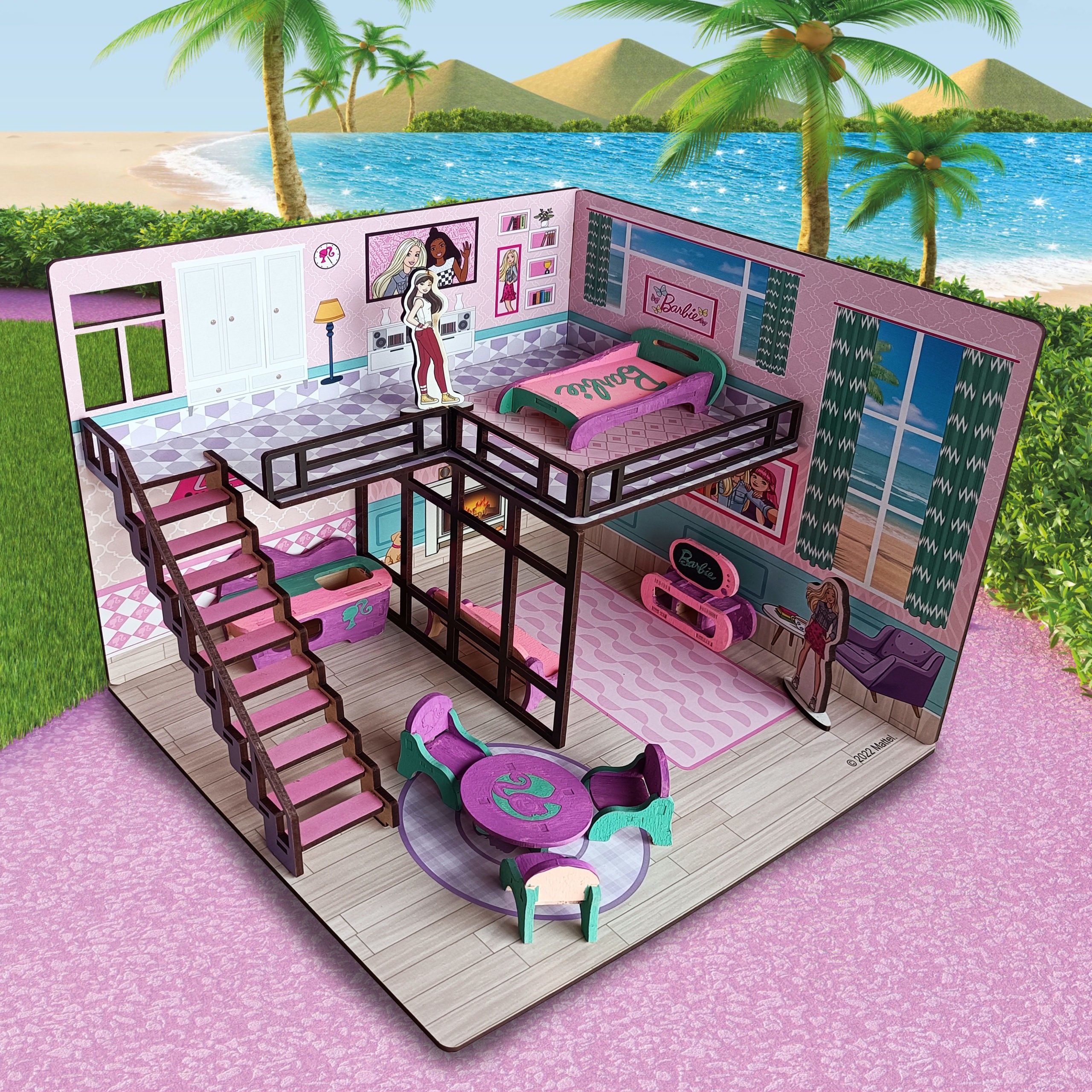 Beach Doll House for Girls & Boys DIY Paint Wooden Dollhouse Toy with Furniture