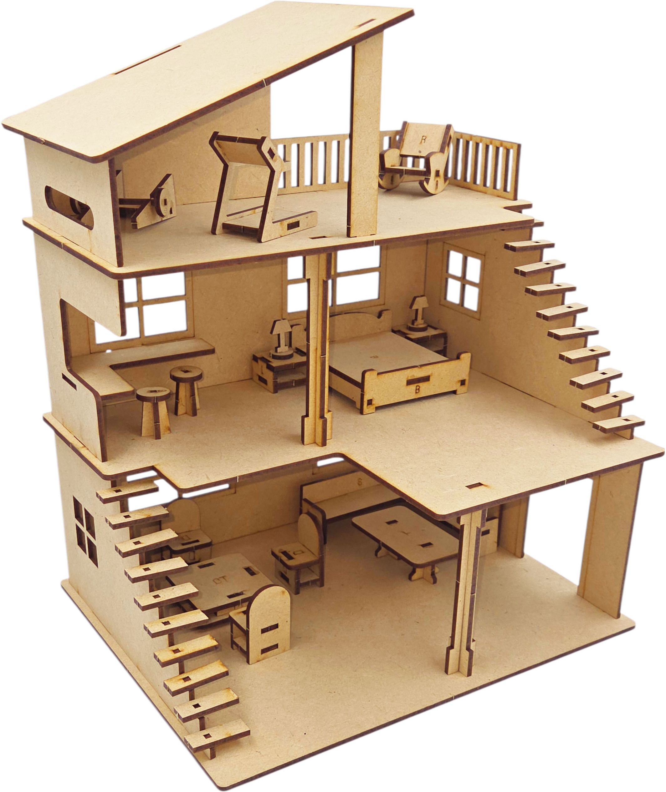 poksi Kids DIY Dollhouse Kit Wooden MDF Model House with Furniture Craft Toy-picture-1