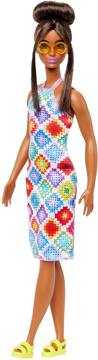 barbie Fashionistas Doll with Brown Hair in Bun, Wearing Colorful Dress-picture-7