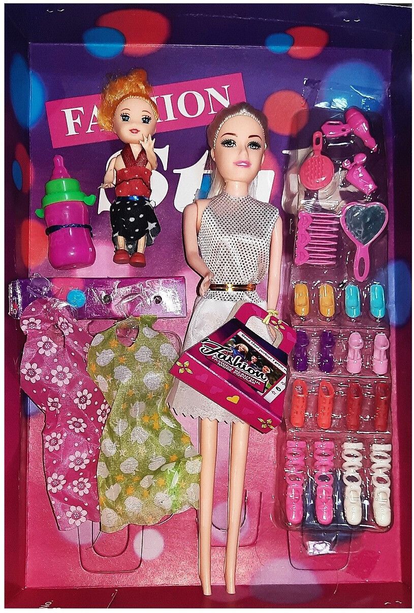 Doll Toy Set with a Big Doll, 1 Baby Doll, Dress, Makeup Accessories, Shoes Set