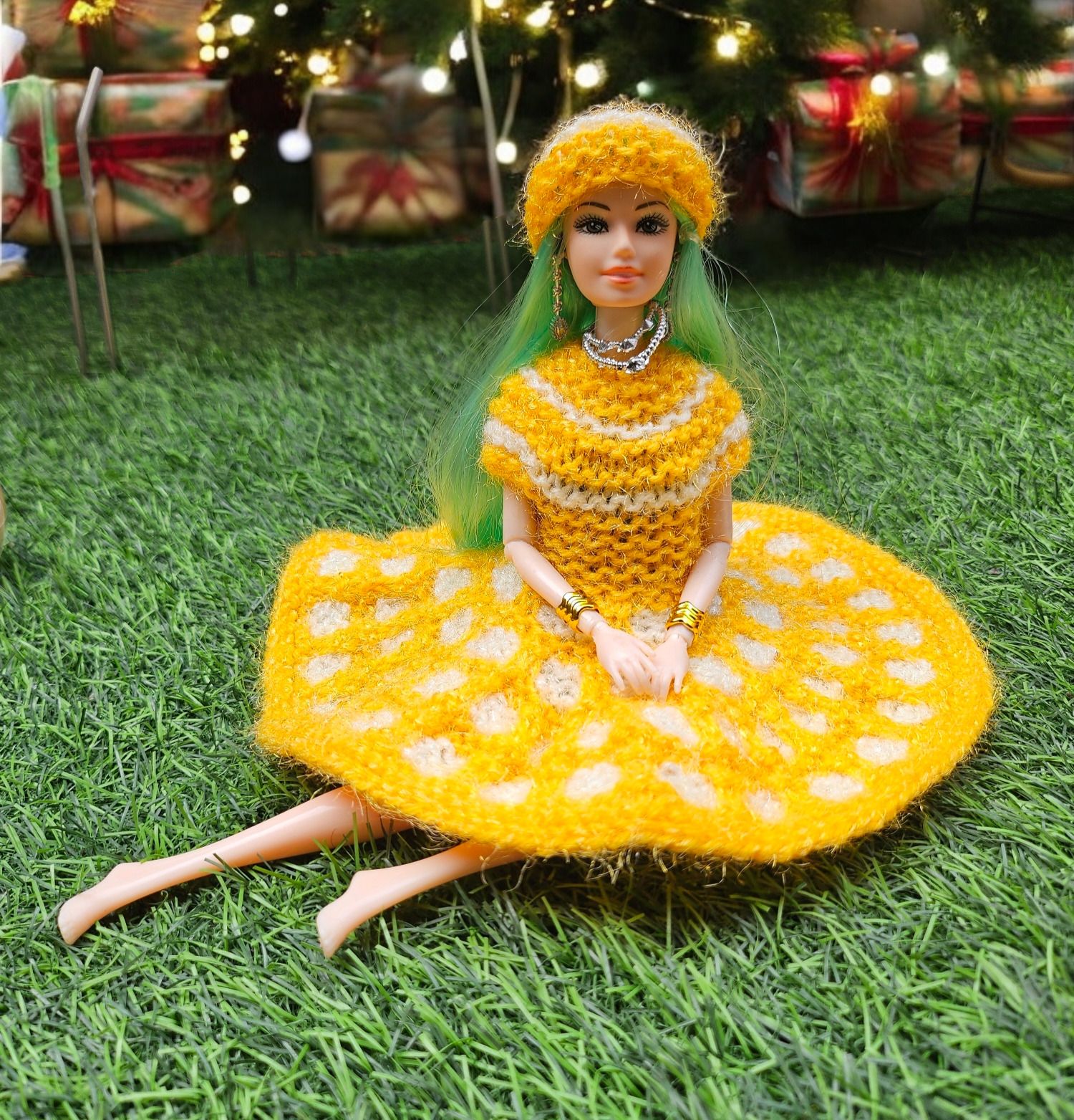 WINTER WOOLEN DRESS FOR BARBIE DOLL YELLOW COLOR-image-15