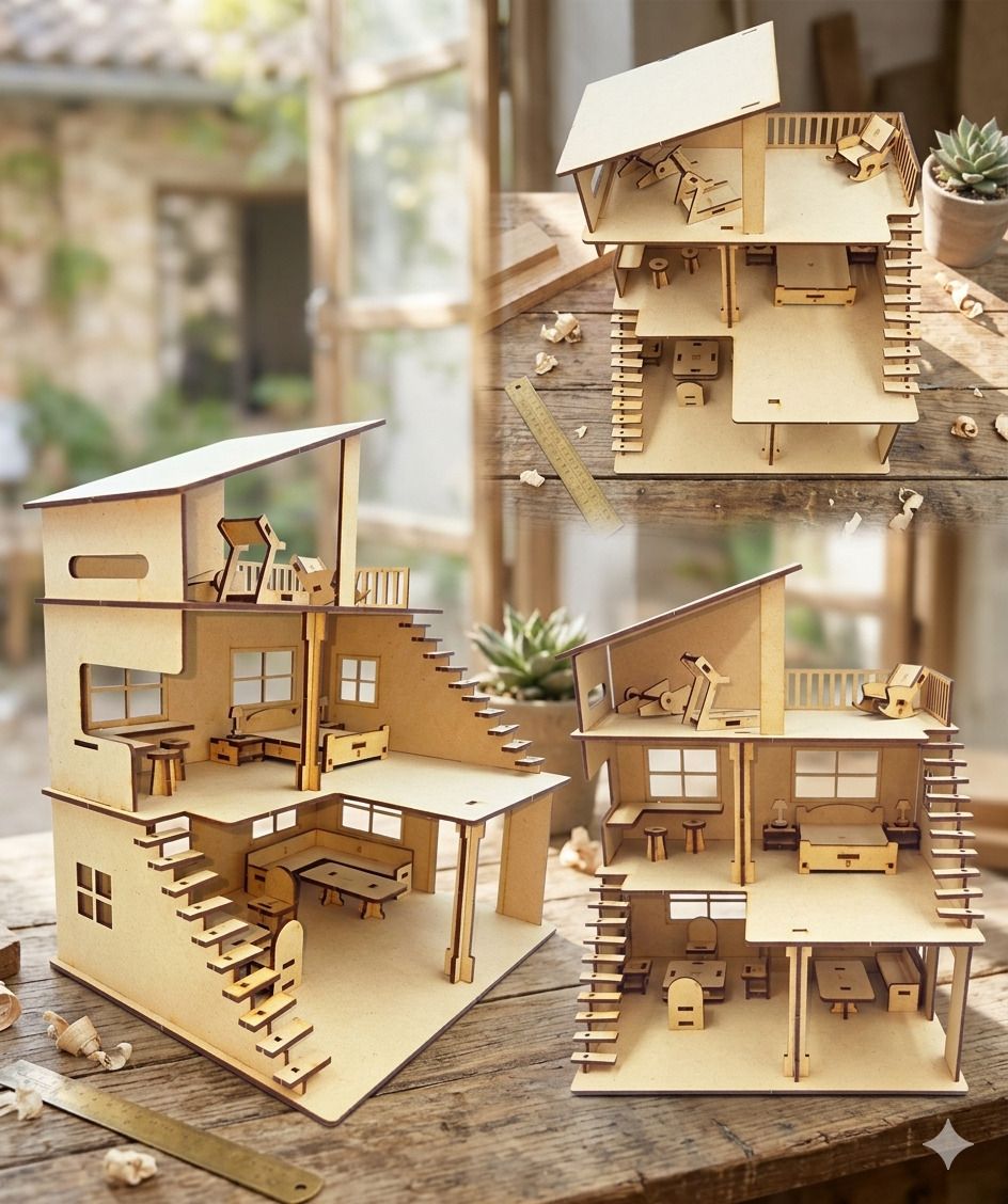 poksi DIY Wooden Dollhouse Kit for Kids with Furniture MDF Craft Model House-picture-0