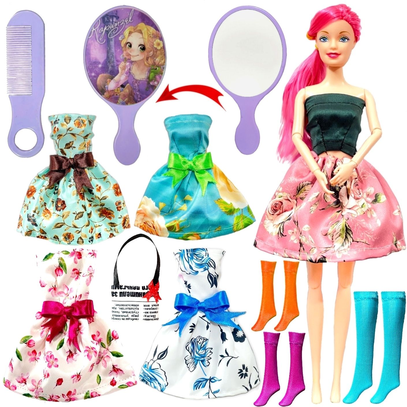 - Doll Set With 4 Bow Design Dresses, Mirror & Comb Set And Accessories-image-29