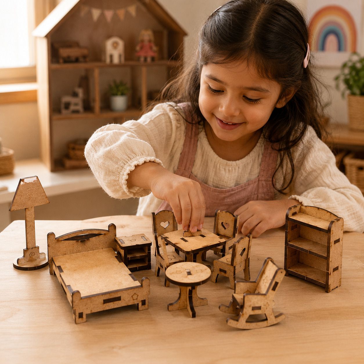 Wooden Furniture for Barbie Doll House Set with & Dolls for Girls Play-image-10