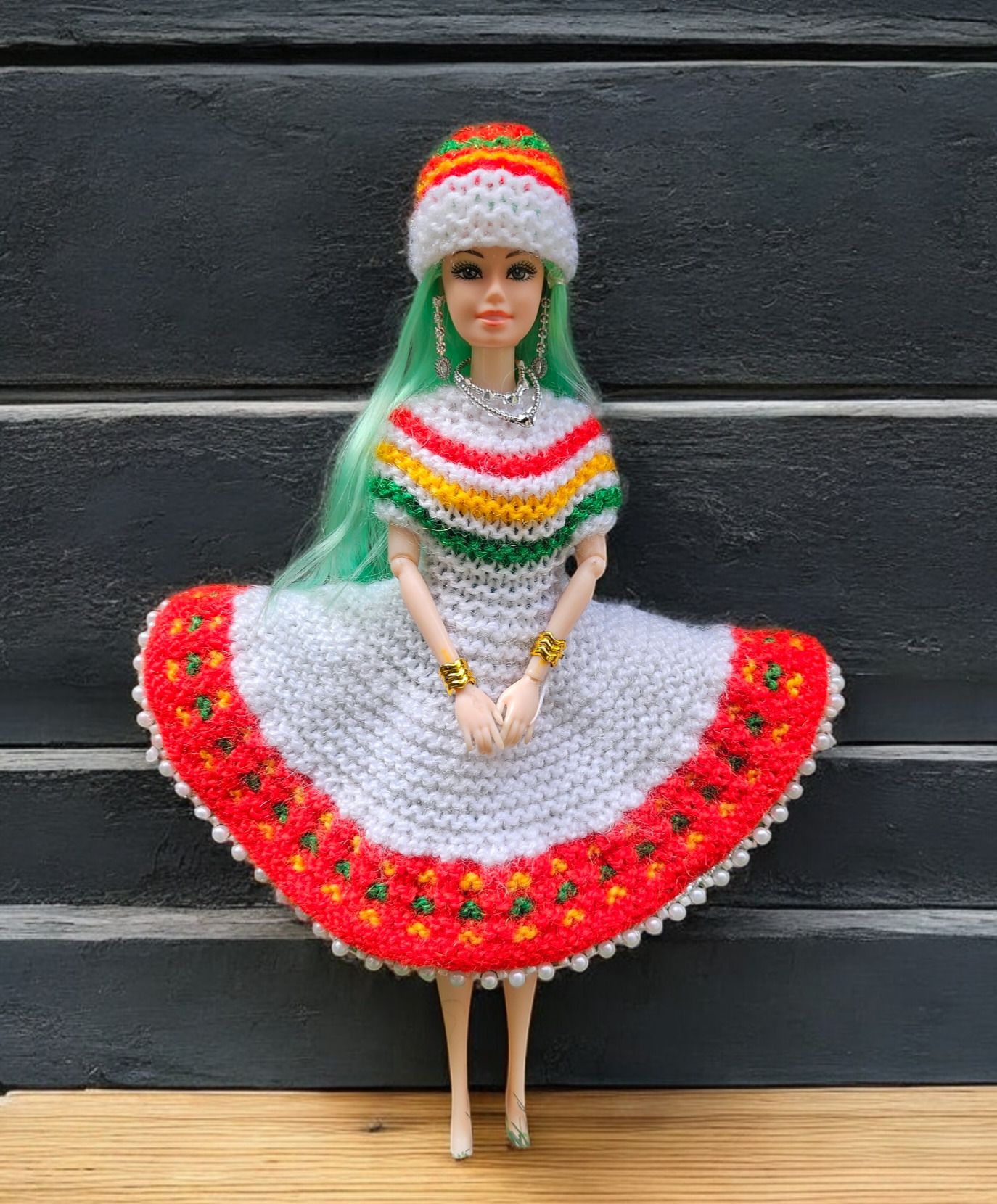 prezziebush WINTER WOOLEN DRESS FOR BARBIE DOLL WHITE AND RED-picture-12