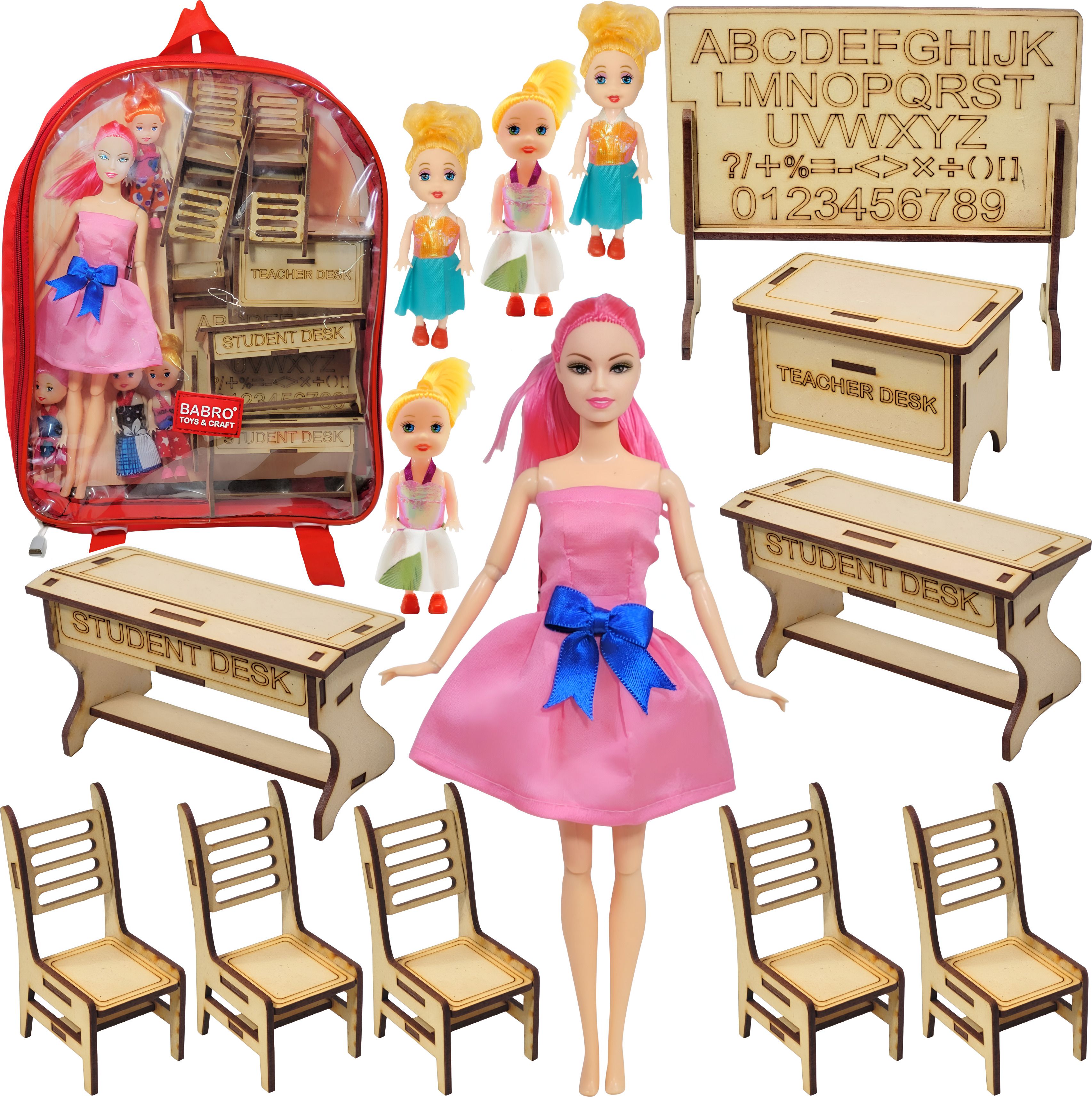 Teacher Doll School Playset with Red Backpack & Wooden Classroom Furniture