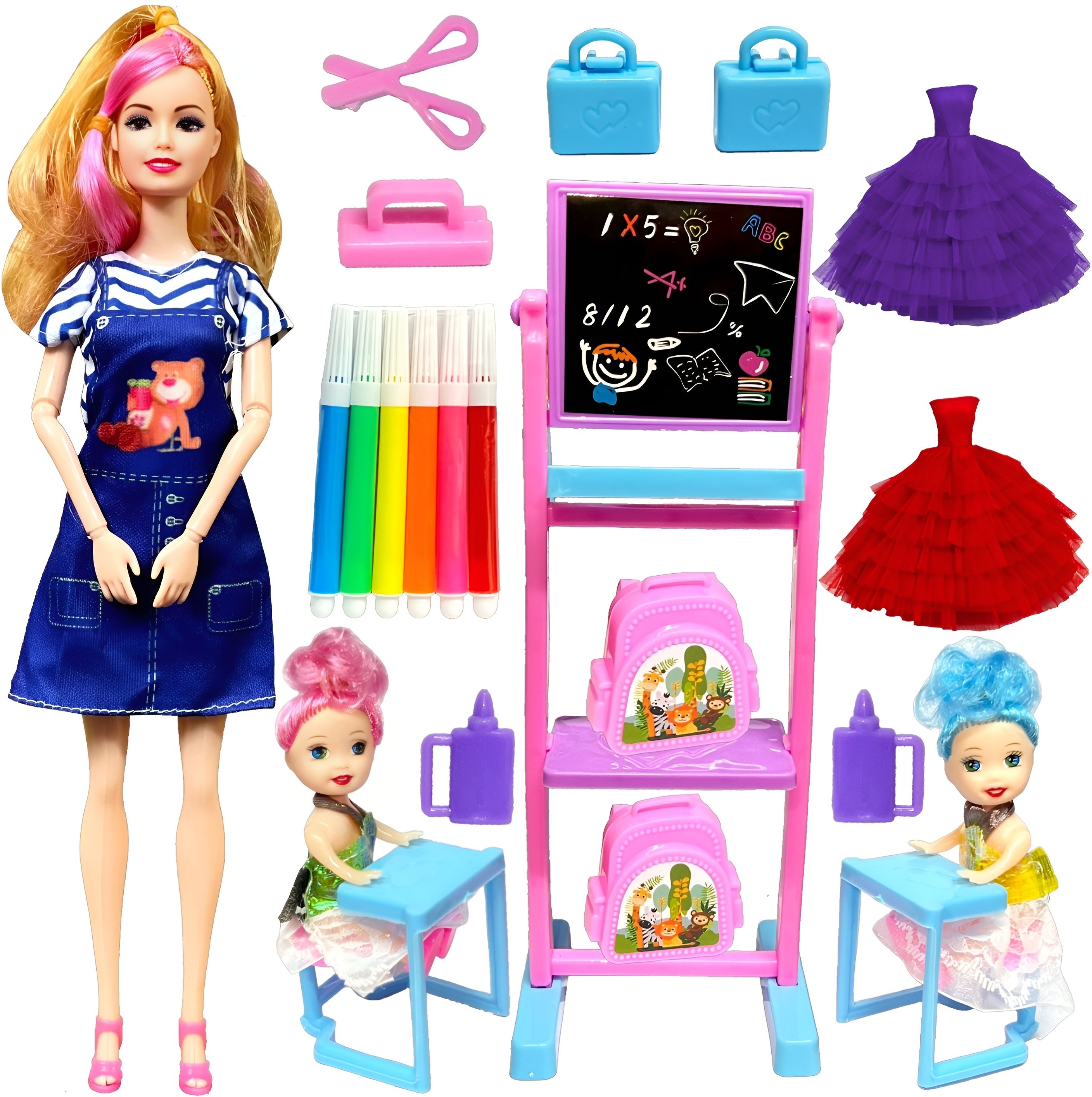 - Teacher Doll Set with 2 Baby Student & Accessories, 2 Doll Frocks Purple- Red