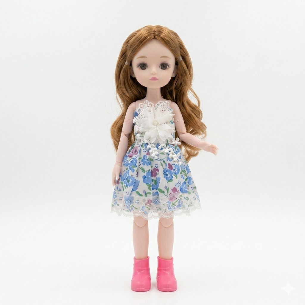 funfly 12-Inch Articulated BJD Fashion Korean Doll in Blue Floral Dress-picture-19