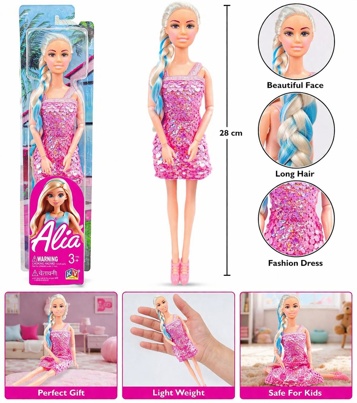 Princess Style Doll Sparkly Dress and Braided Soft Hair, Pair of Heels for kids-image-46