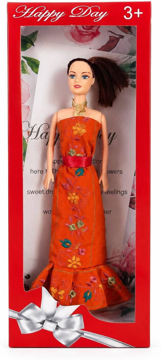 teddify Pretend Play Doll with Floral Printed Orange Gown & Brown Ponytail Hair-picture-39