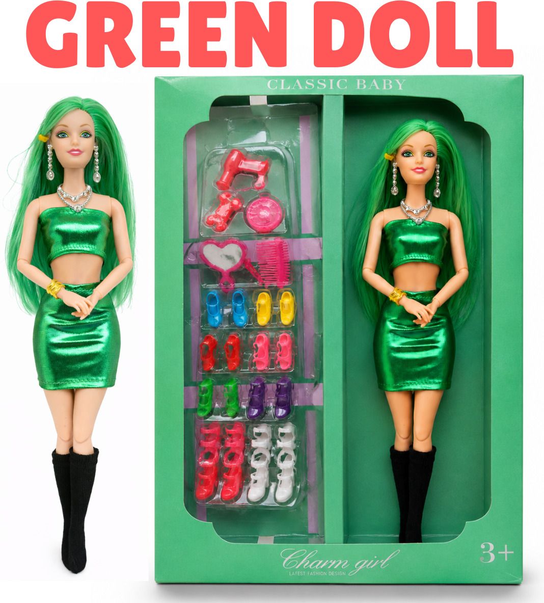 Green Baby Doll Fashion Set with Modern Accessories-image-5