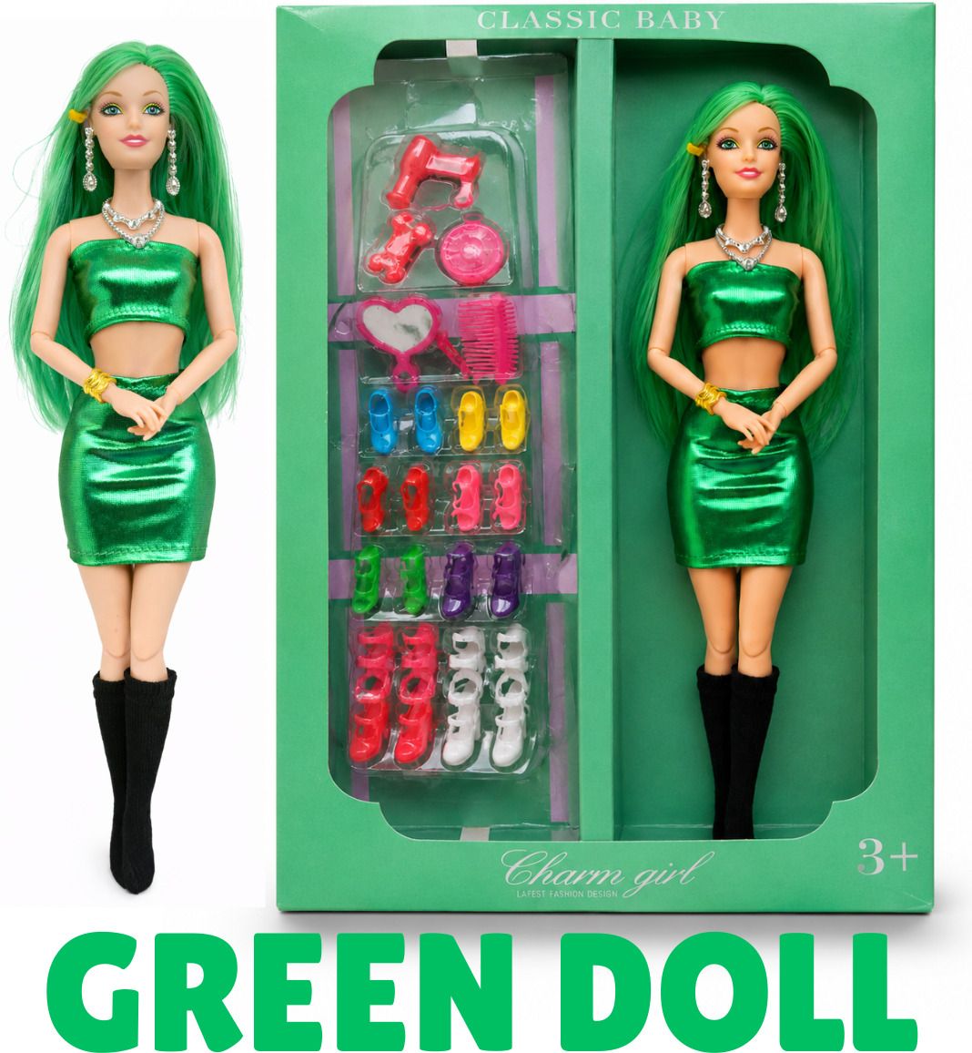 Cute Green Doll Set with Trendy Fashion Accessories-image-11