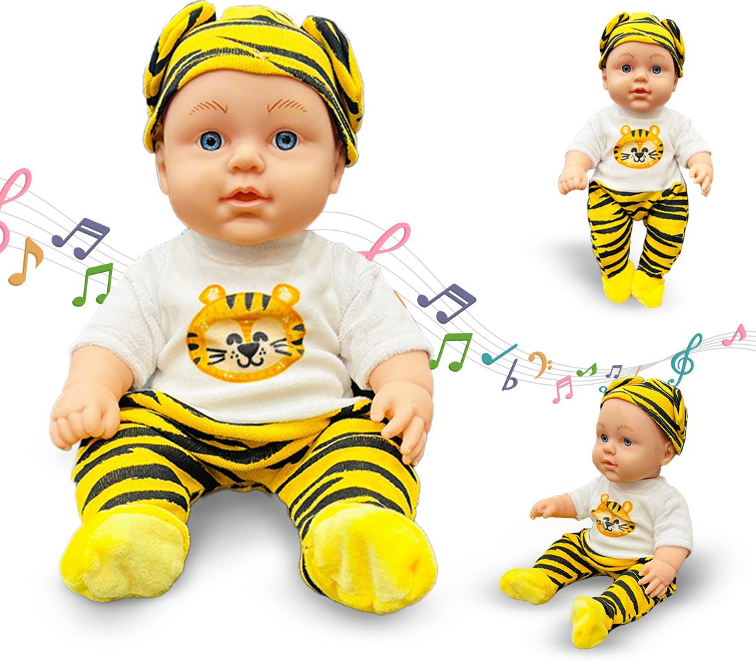 Cute Baby Doll Toy with 5 Sounds, Rotatable Arms & Legs, Tiger Print Dress-image-6