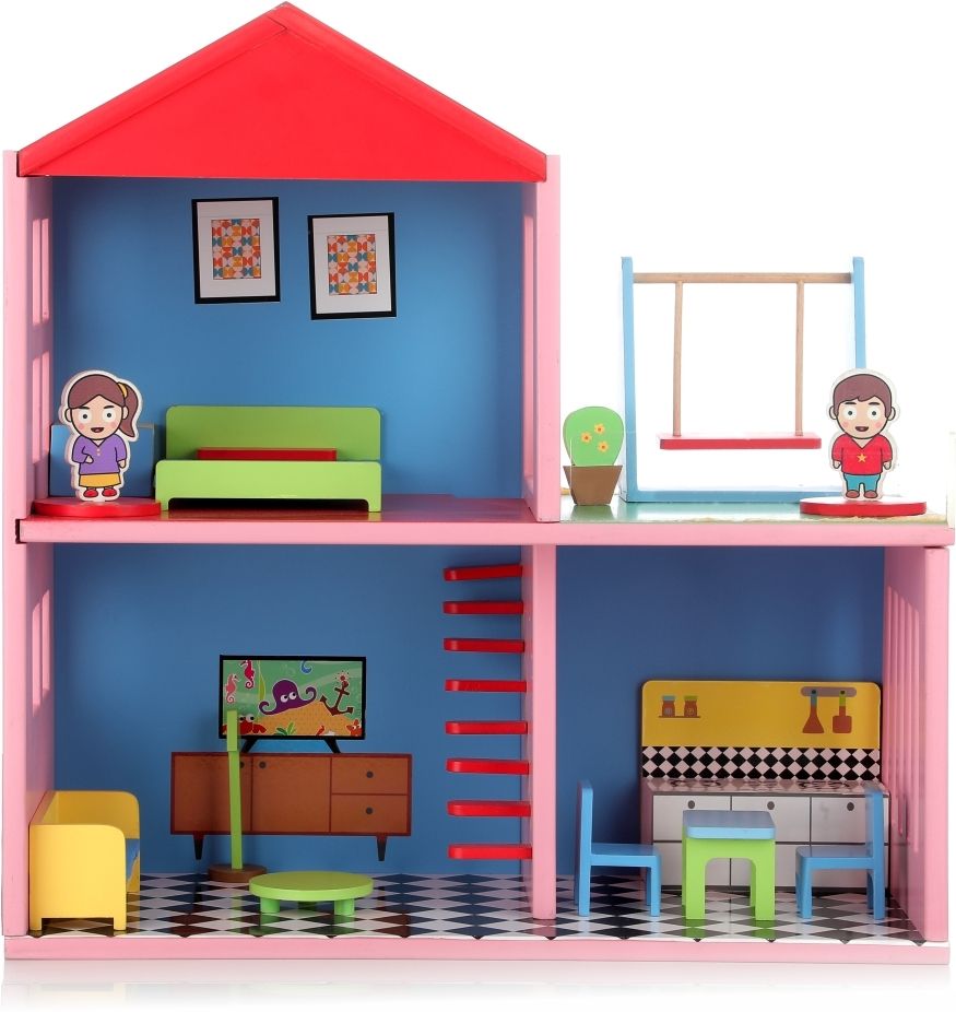 Wooden Doll for Kids, Role Playing Doll House Set for Girls with 4 Rooms