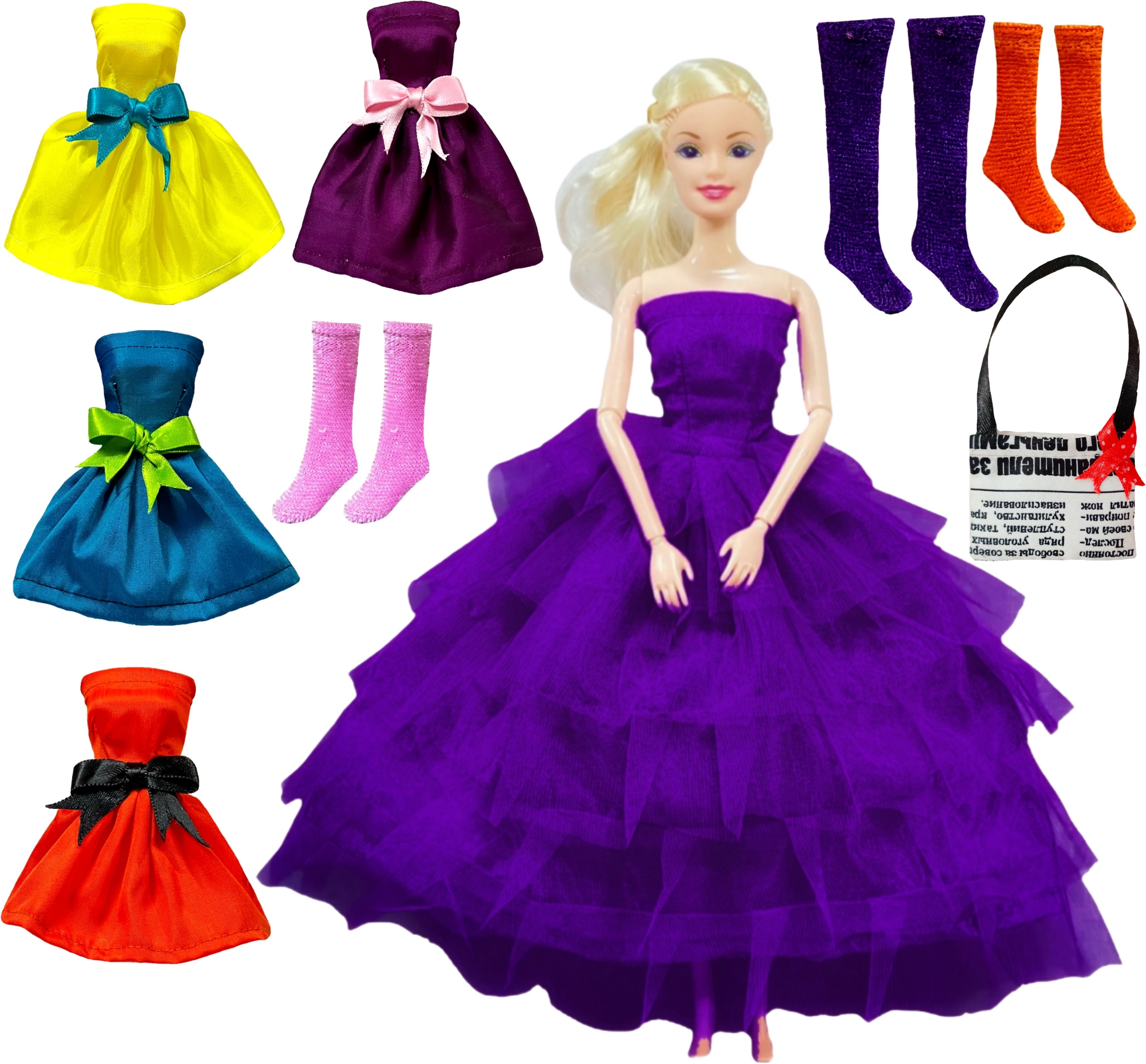 Foldable Doll Set with Purple Frock, 4 Doll Dresses, 3 Pair Doll Socks and 1 Bag-image-3