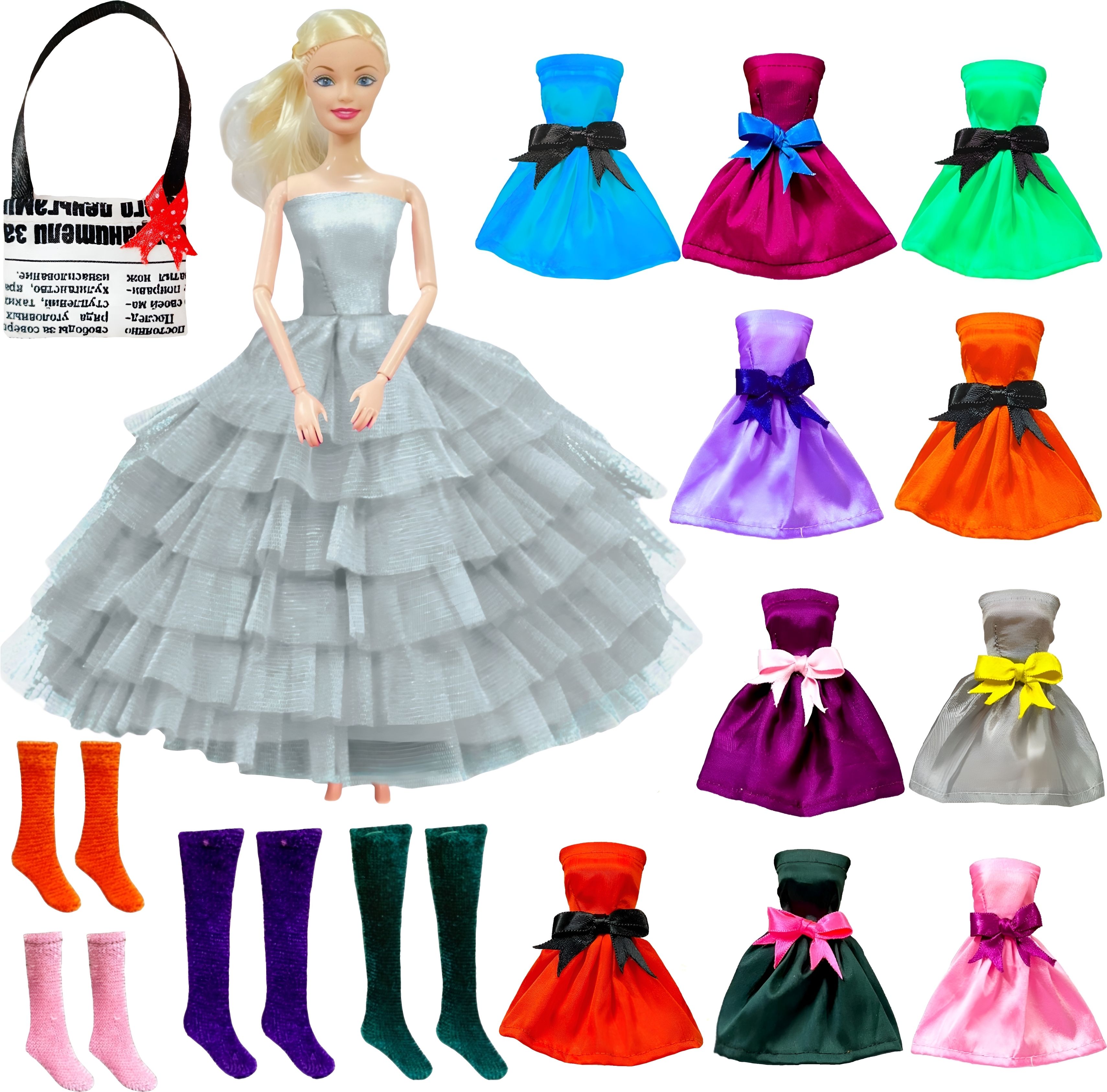 Full Foldable Doll with Black Frock, 10 Doll Dresses, 4 Pair Doll Socks & 1 Bag-image-19