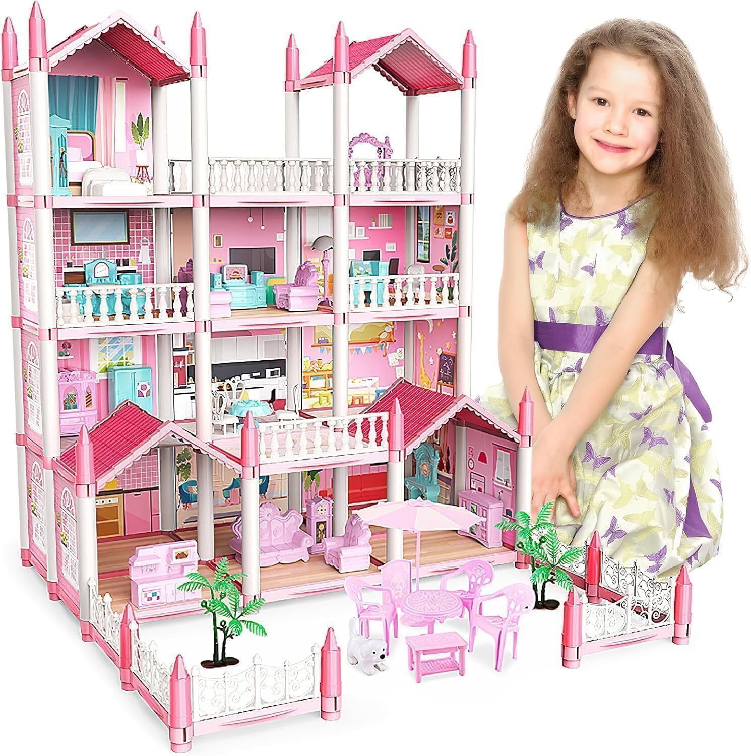 3-Story Princess Doll House for Girls, 2 Doll with & 9 Rooms Playhouse Furniture