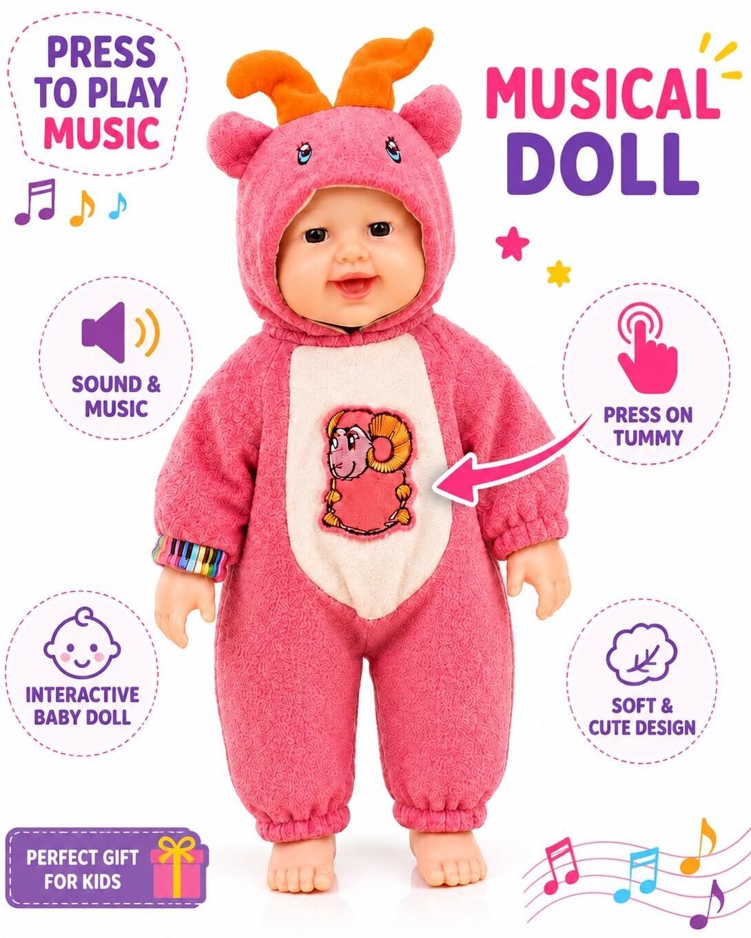 hg prime Musical Soft Baby Doll | Press Center to Play Music Multicolor-picture-31