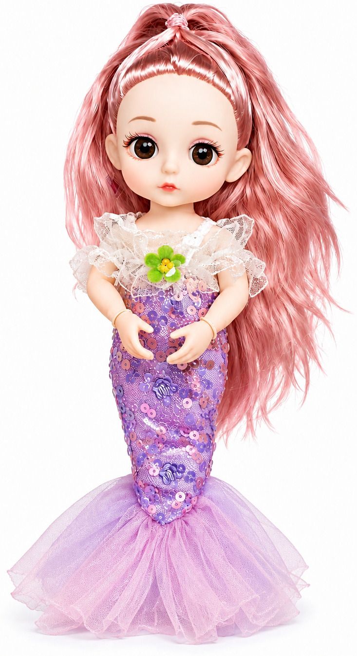 Mermaid Doll for Girls with Pink Hair Soft Plastic Play Toy Purple Dress Age3+-image-36