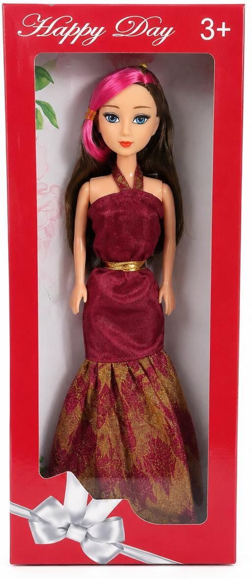 teddify Beautiful Doll with Long Hair Pink Highlight & Maroon Designer Party Gown Doll-picture-18