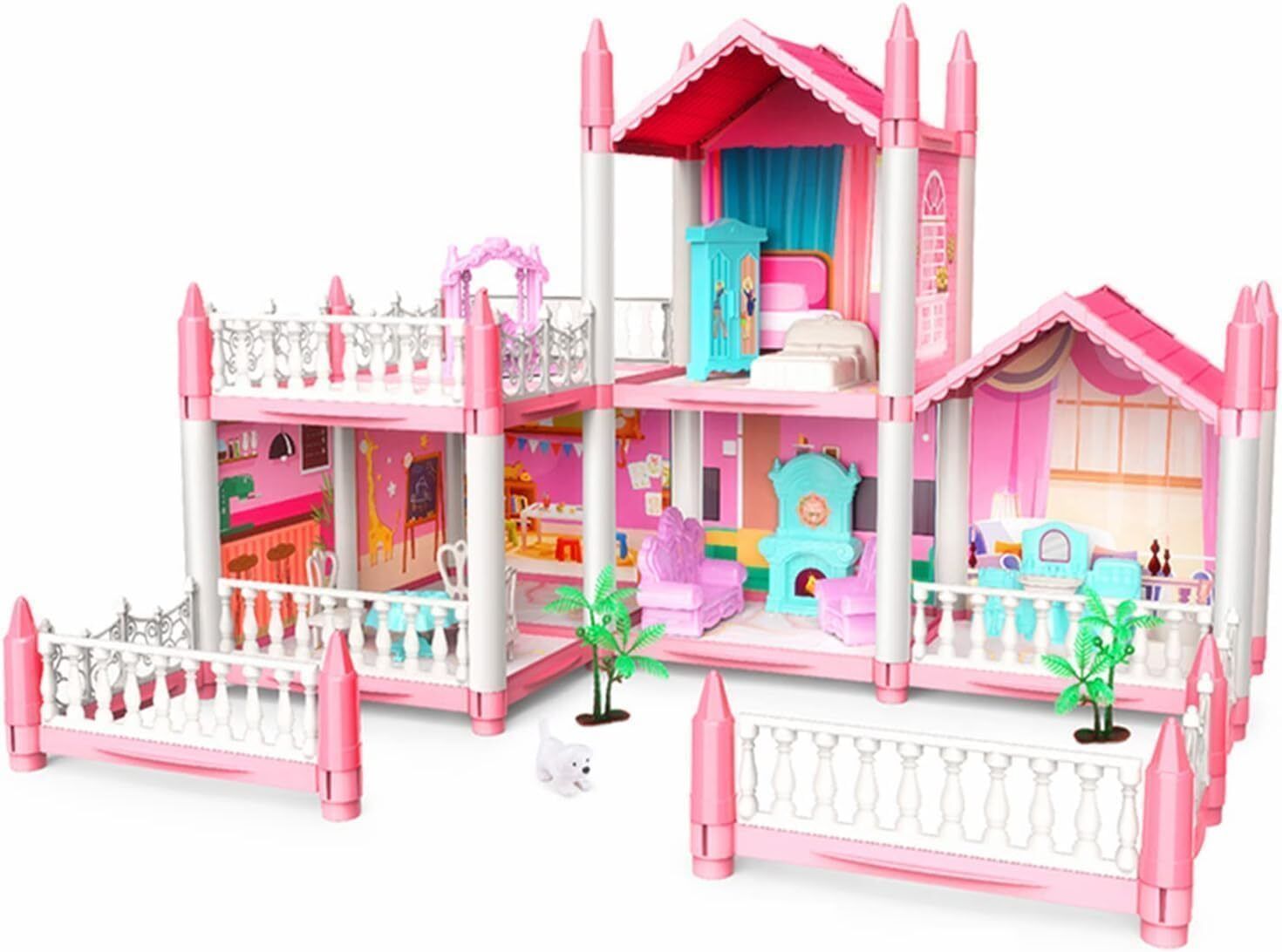 Five Rooms Doll Villa House Playset for Girls | Large Pink Dollhouse