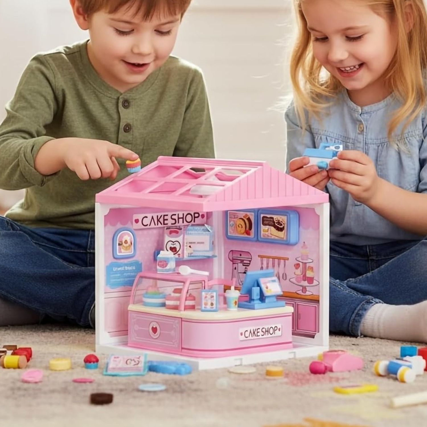 Cake Shop Mini Scene Playset with Light, Miniature Bakery Toy Set, DIY-image-3