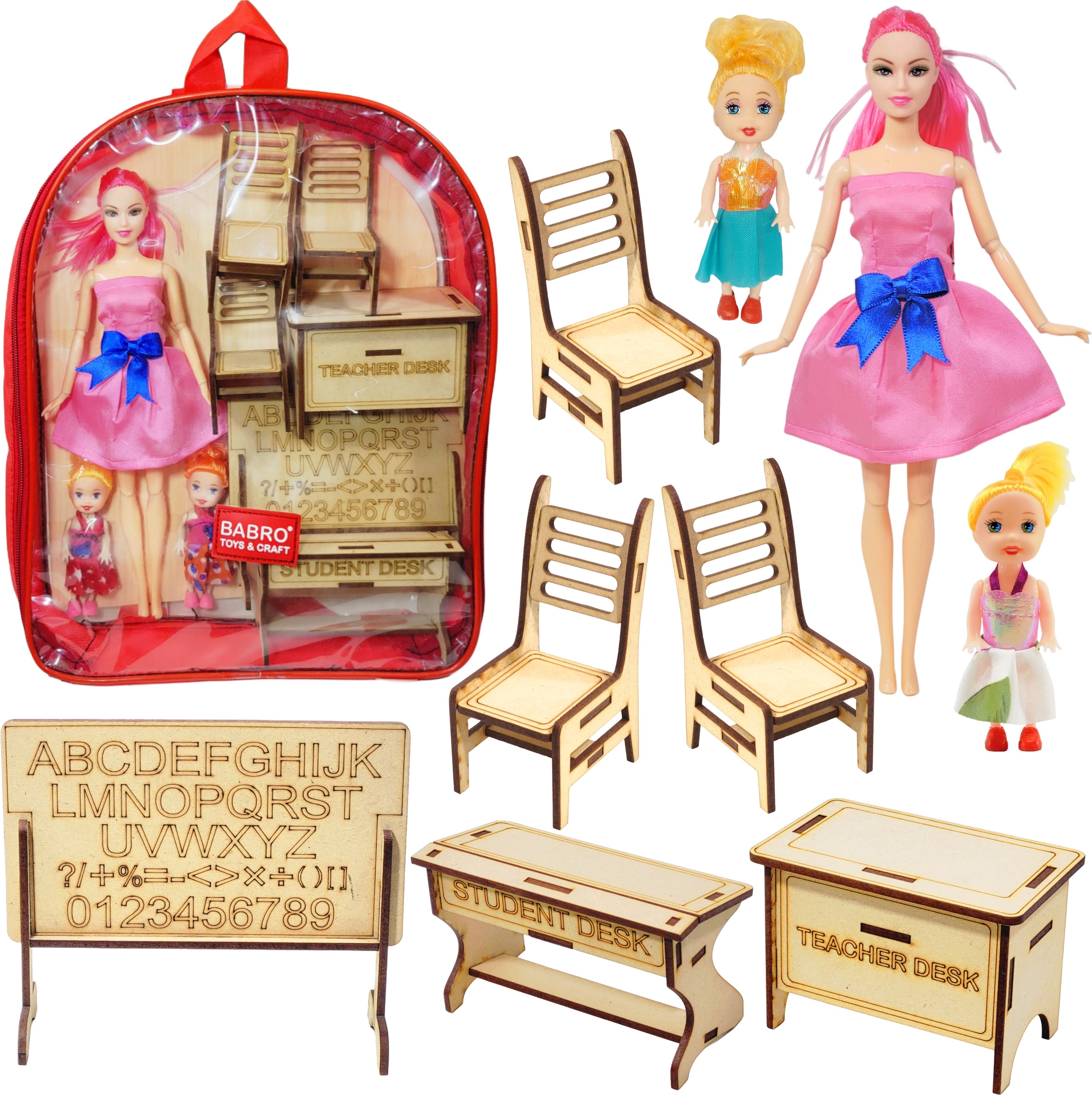 Teacher Doll School Playset with Wooden Classroom Furniture & Red Backpack
