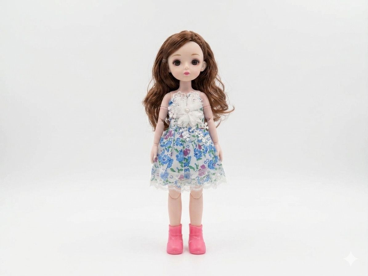 12-Inch Articulated BJD Fashion Doll in Blue Floral Dress-image-8