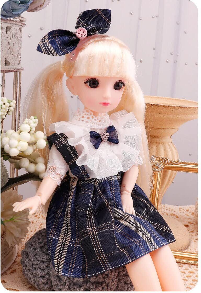 Doll Set Movable Joint Makeup Cute Girl Brown Eyes Fashionable Doll for Kids Girls (Size: 30 cm Color:White+Blue)