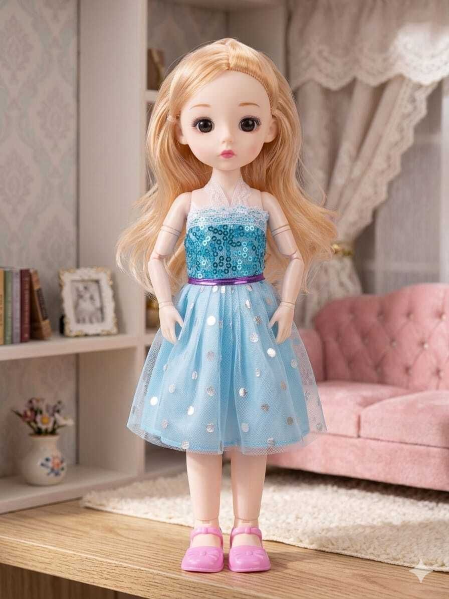 Fashion Princess Doll for Girls with Blue Party Dress & Long Hair-image-3