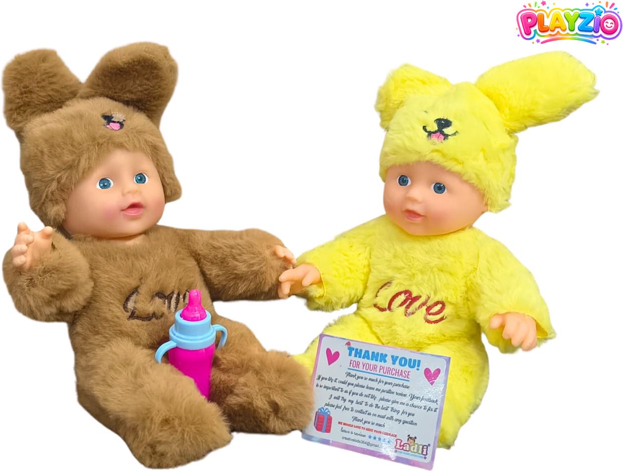 playzio Cute Bunny Baby Dolls Pack of 2 with Soft Furry Dress and Feeding Bottle-picture-12