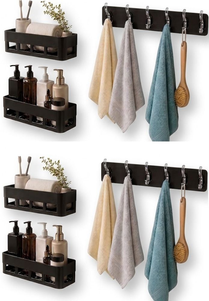 Black Wall Mounted Bathroom Shelf & Hook Rack Combo Pack of 6 Door Hanger-image-1