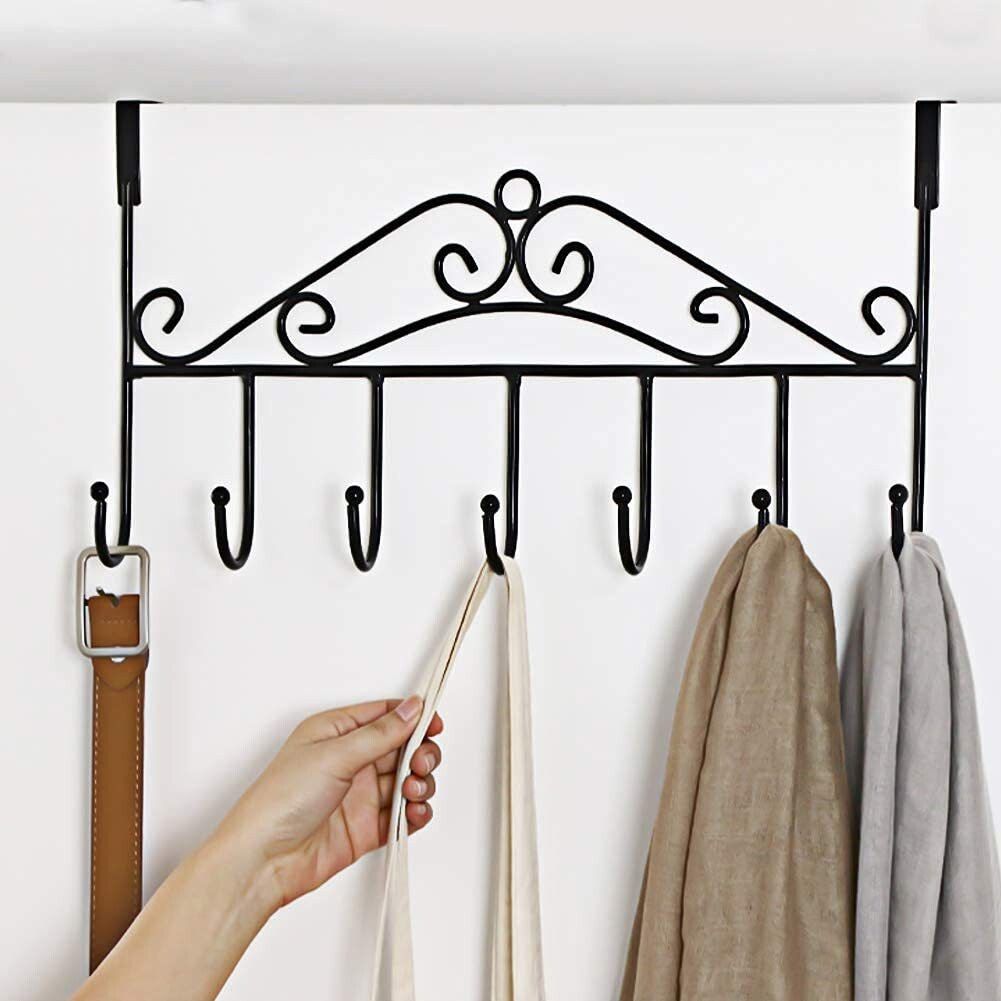 over the door hook hanger with 7 holder metal hanging rack organizer door hanger hook rack for cloths coat purses towel scarf belt hat closet bathroom no need of hole or drill decorative metal hook hanger (pack of 1) Door Hanger-image-6