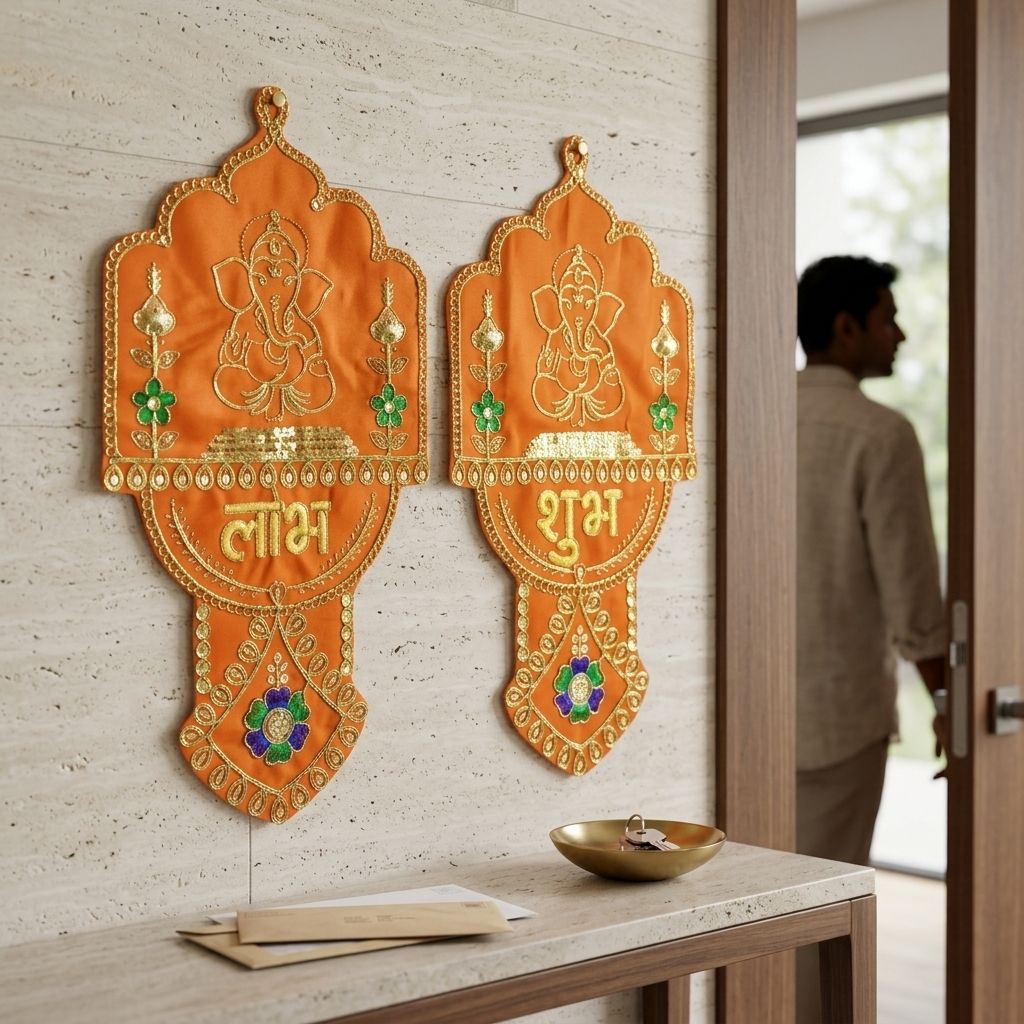 gejuff Orange Shubh Labh Door Hanging with Lord Ganesha Home Decor, 14 x 7 Inch Door Hanger-picture-40