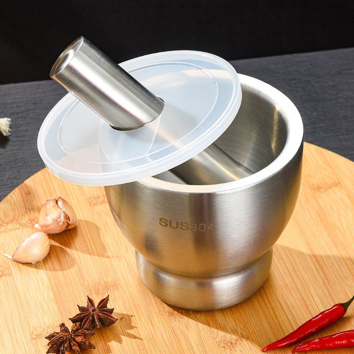 Cold Stainless Steel Mortar Pestle Set with Lid Imam dasta Spice Mixer Silver Masher Manual Dough Press