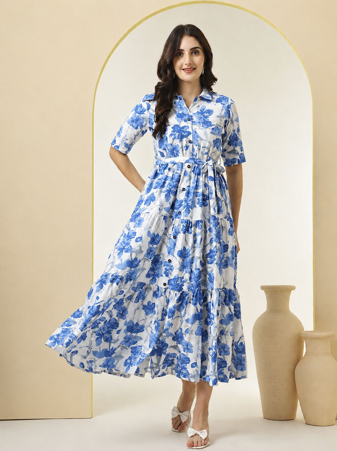 Women Gathered White, Blue Midi/Calf Length Dress-image-14