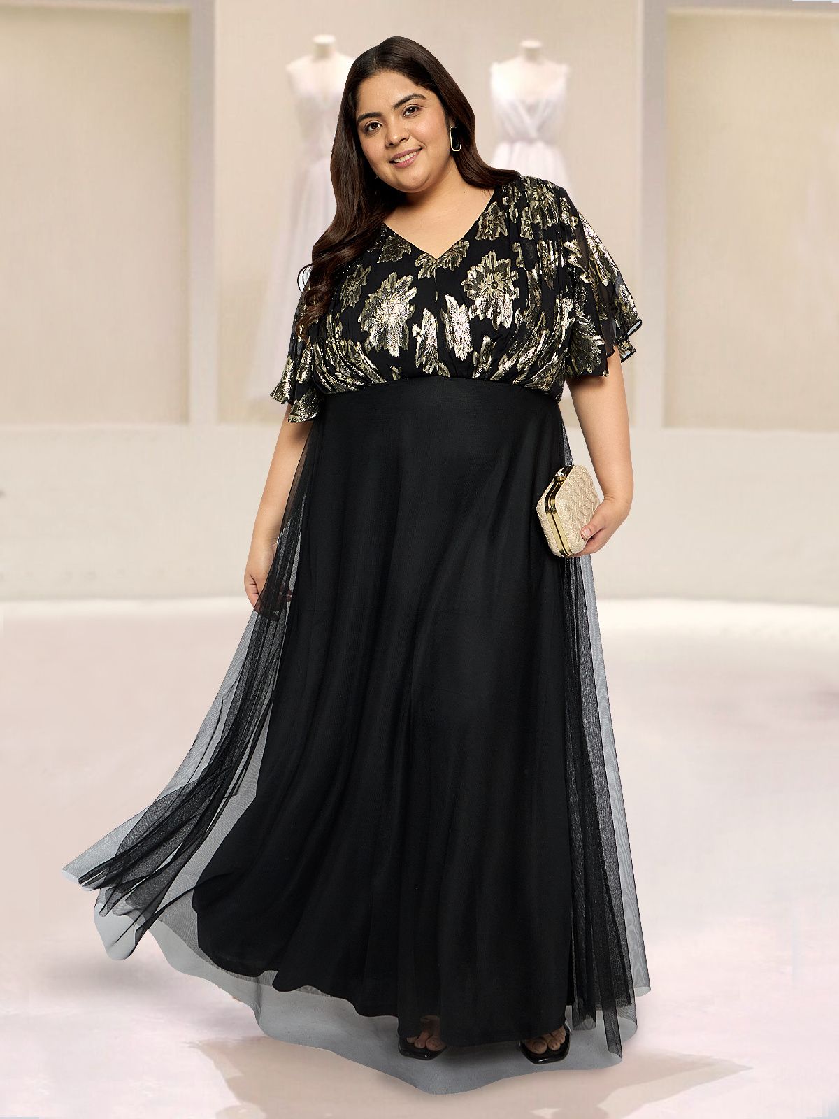 wild u Women Gown Black, Gold Maxi/Full Length Dress-picture-7