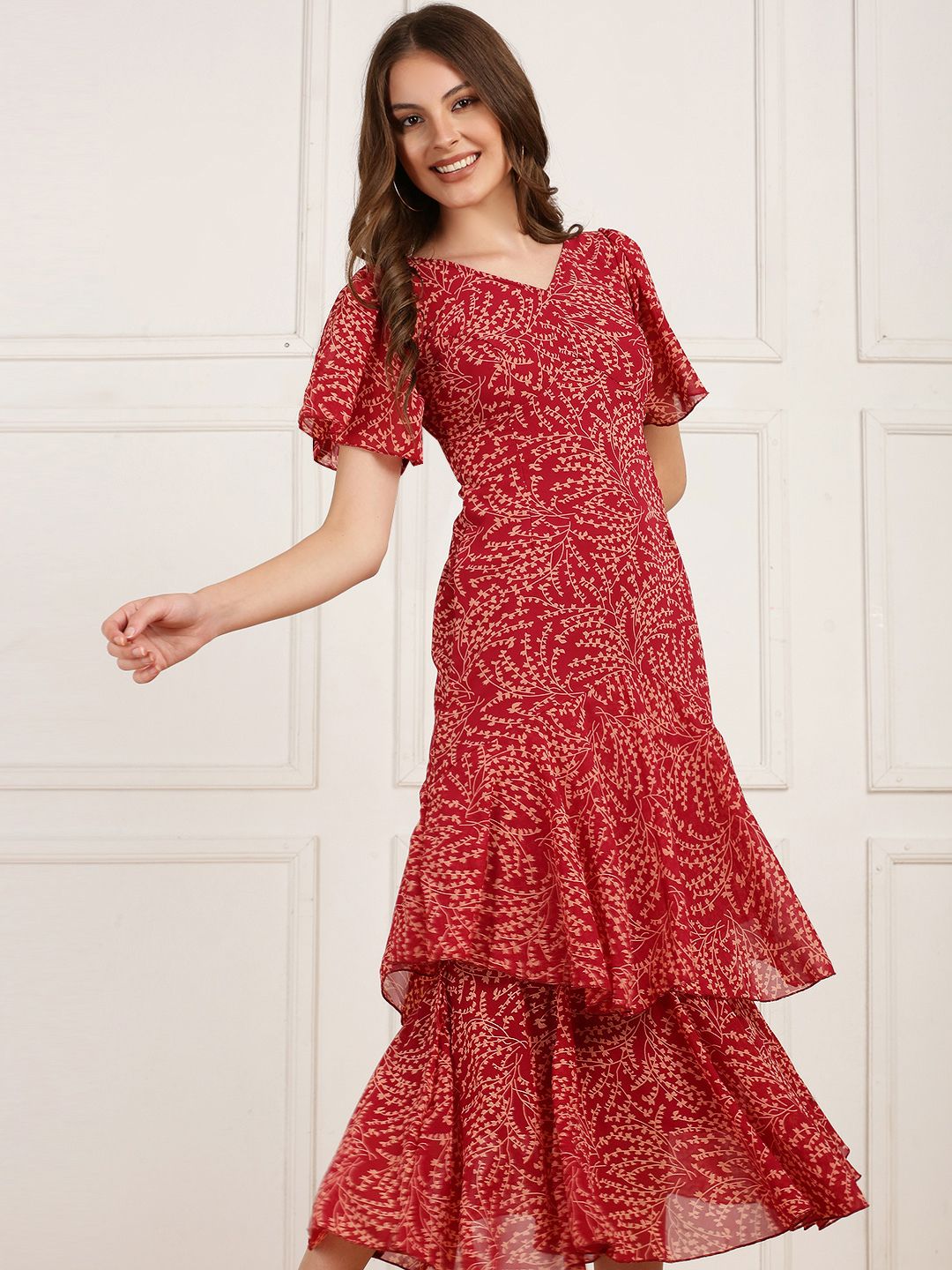 Women Fit and Flare Maroon Midi/Calf Length Dress-image-23