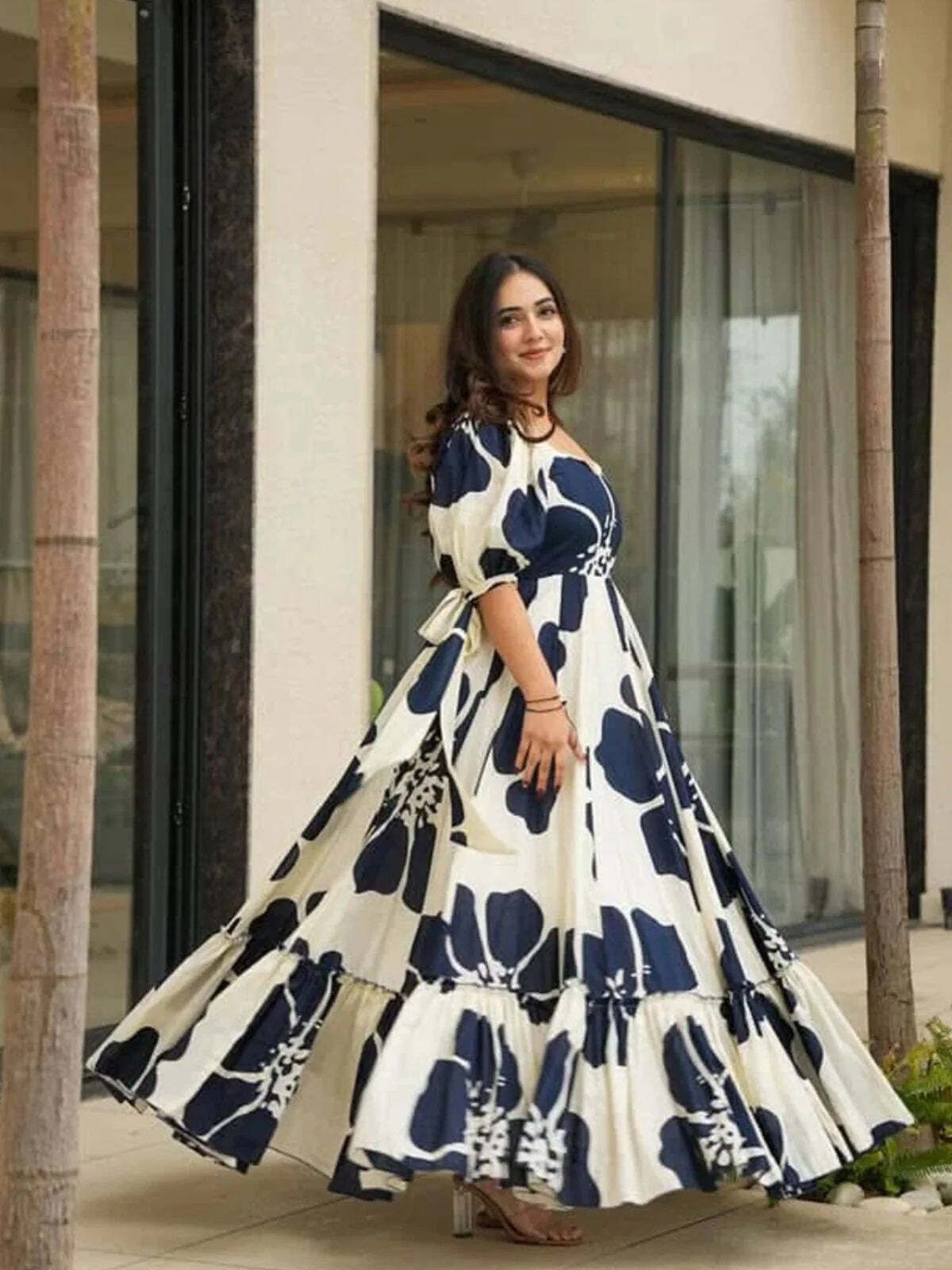 Women Fit and Flare Blue, White Maxi/Full Length Dress