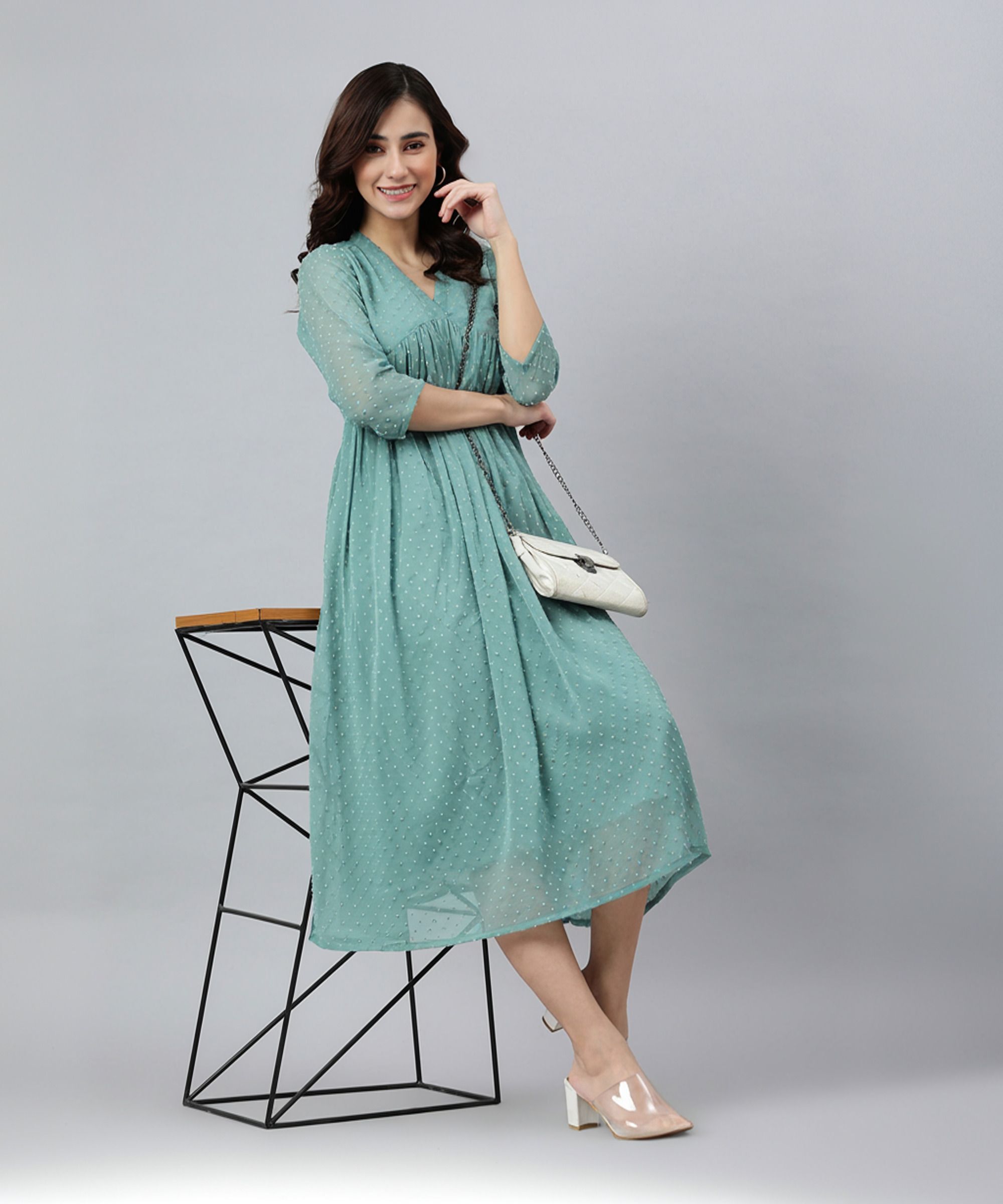 Women A-line Green Midi/Calf Length Dress-image-45