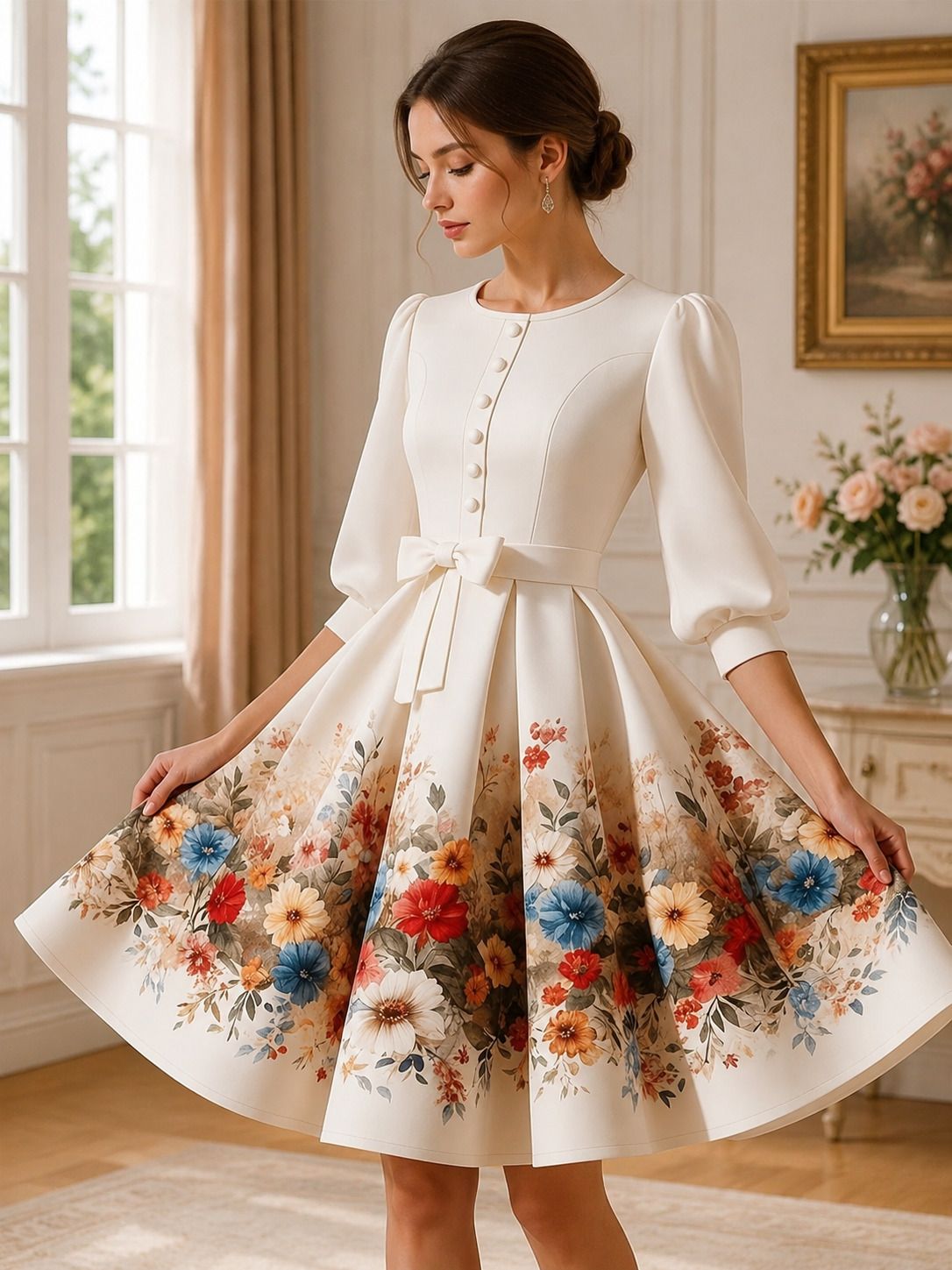 Women Fit and Flare White Knee Length Dress-image-2