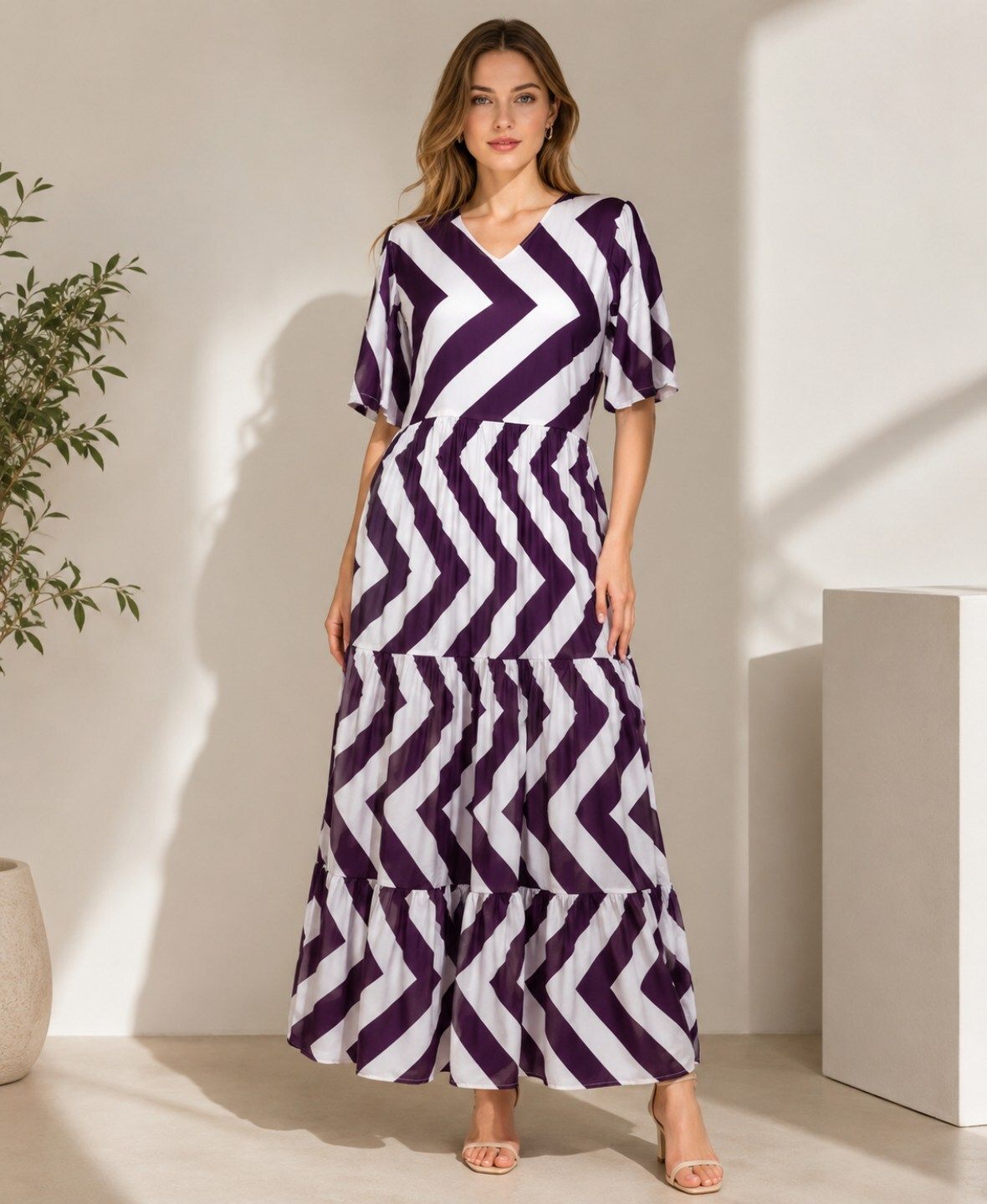 nature craft Women Fit and Flare Purple, White Maxi/Full Length Dress-picture-2