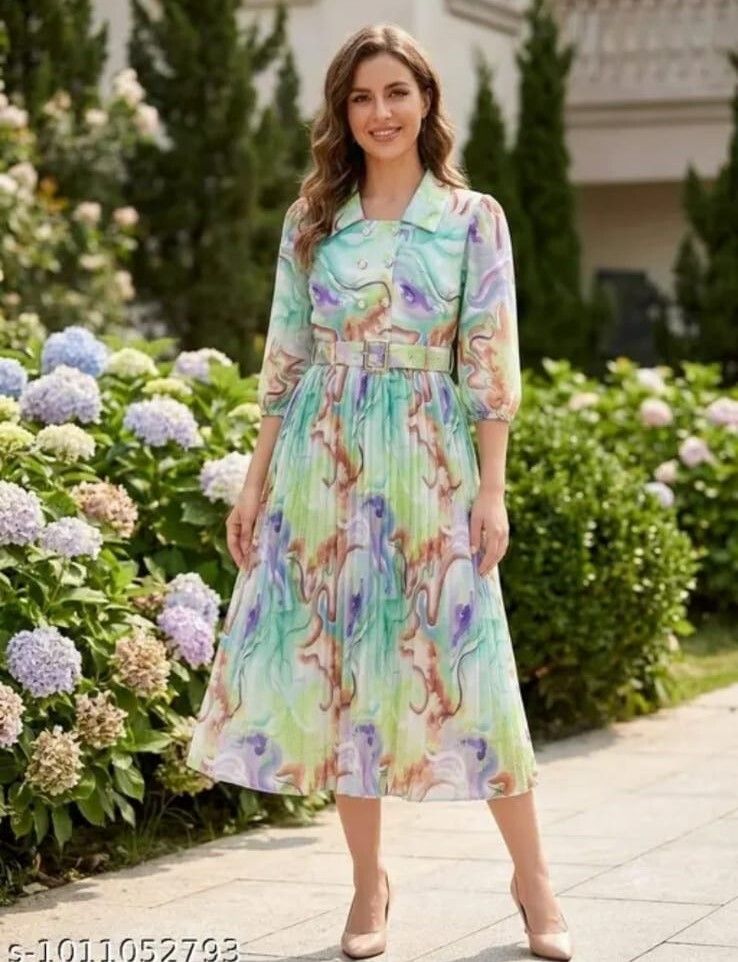 Women Pleated Green Maxi/Full Length Dress-image-44