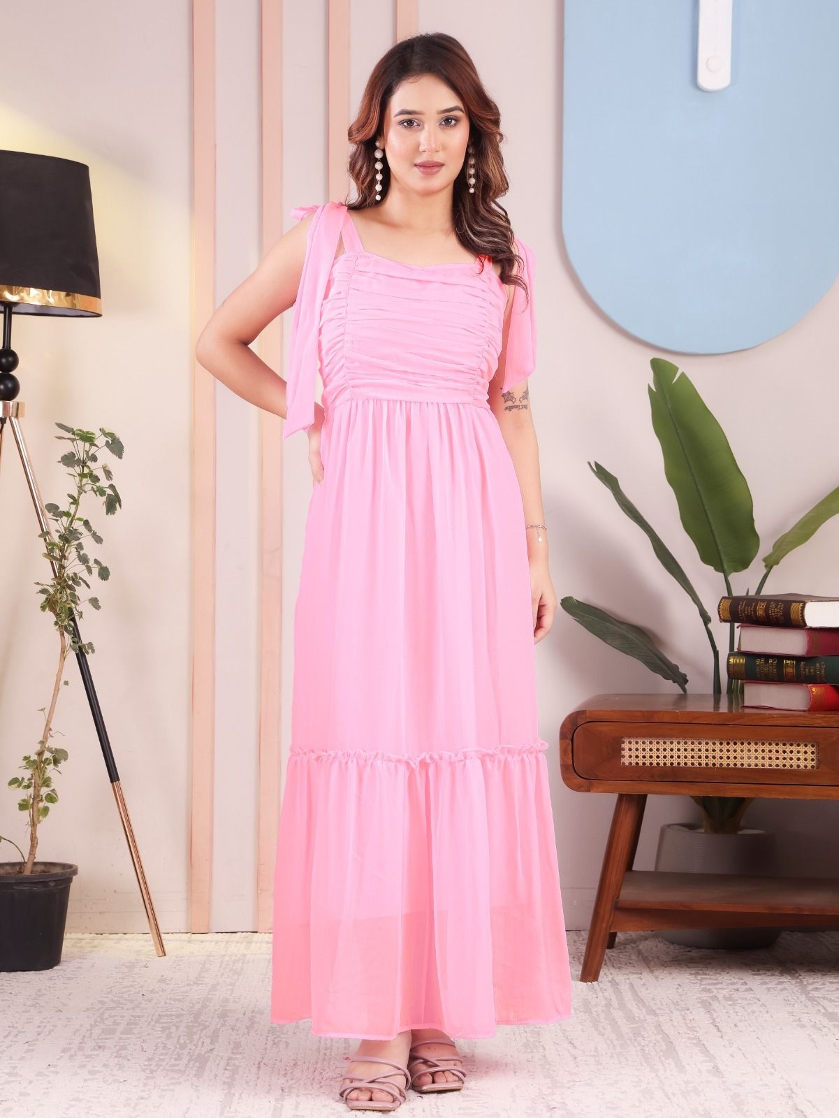 jugnoo Women Fit and Flare Pink Maxi/Full Length Dress-picture-10