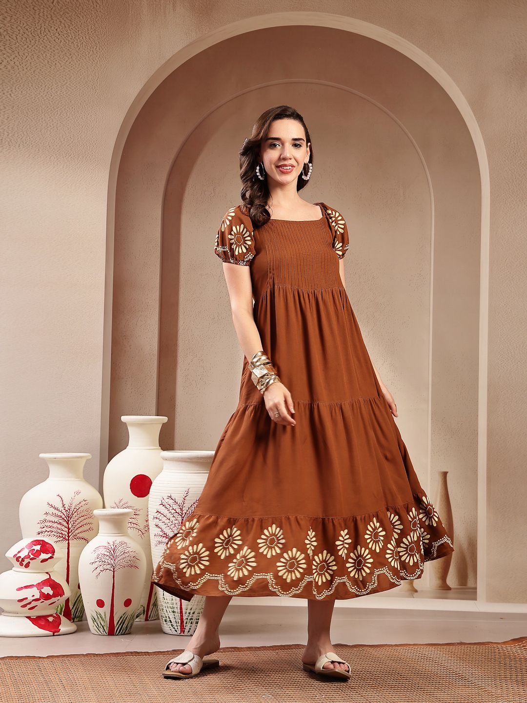 Women Tiered Brown Maxi/Full Length Dress-image-22